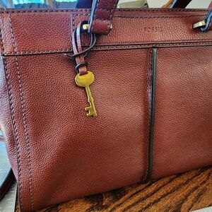 Fossil Chestnut Leather Tote with Brass Key Charm